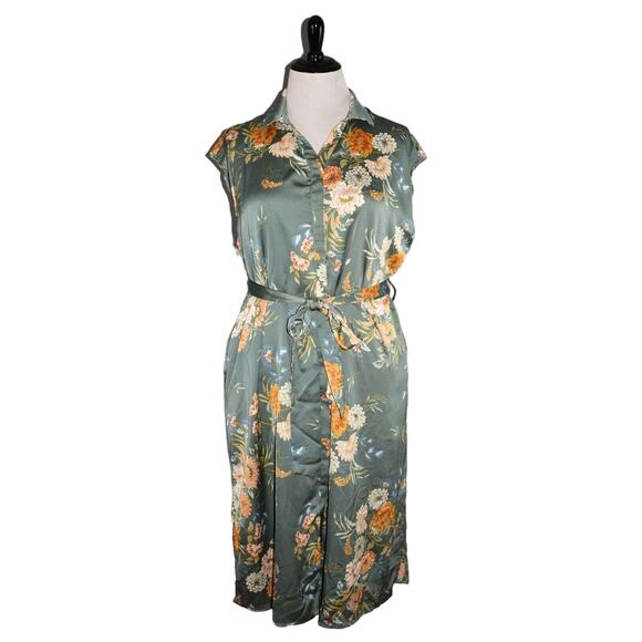 BISHOP + YOUNG NEW $108 Button Down Belted Dress in Teal Floral P2X - Picture 1 of 3